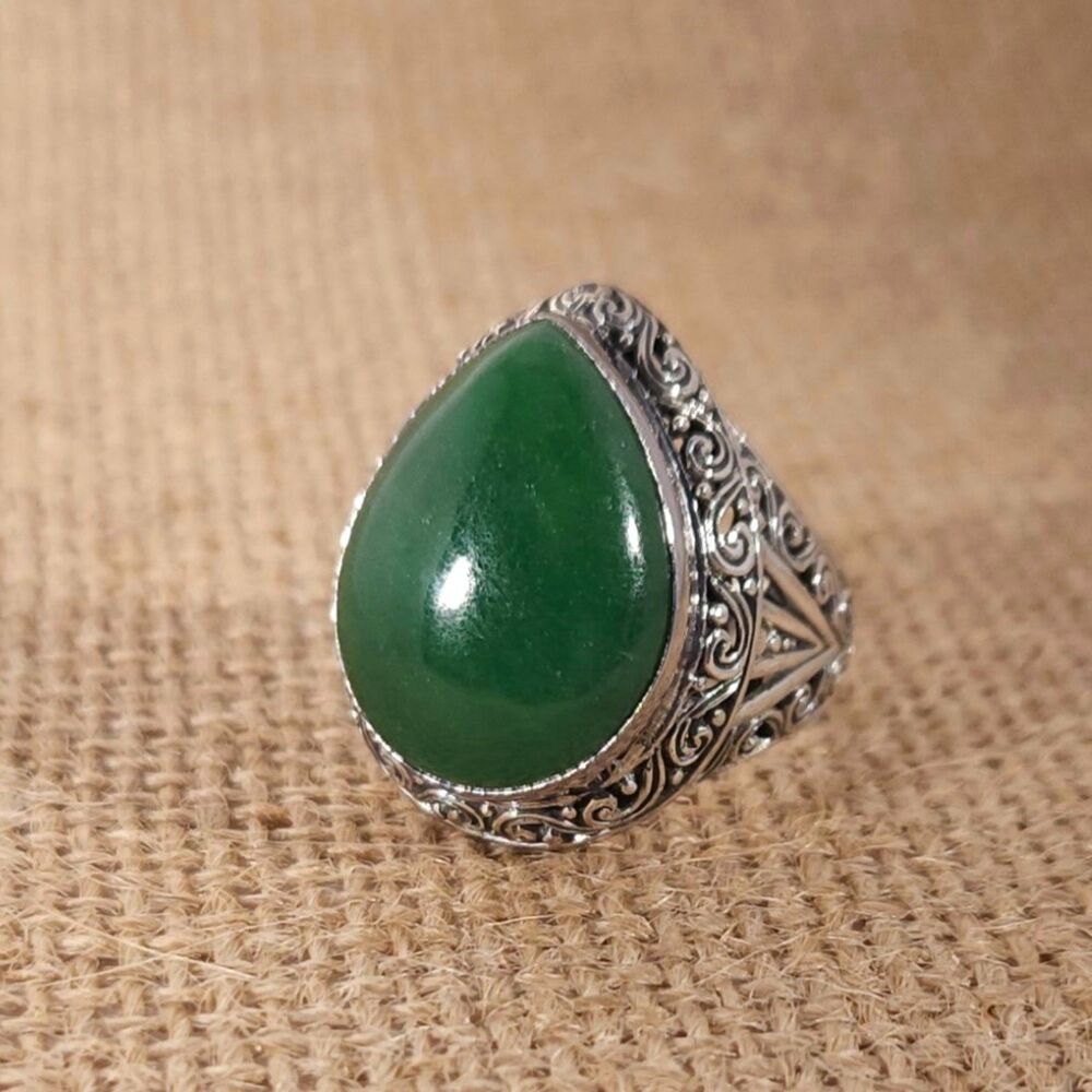 Jade Ring Bali Burmese Sterling Silver Size 9